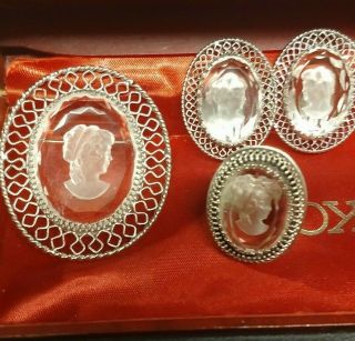 Vintage Estate Whiting & Davis 3 Pc Cameo Set Brooch Pin / Brooch Earrings Ring