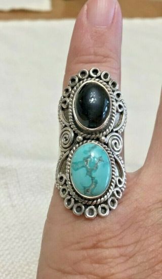 Huge Vintage Sterling Silver And Turquoise And Onyx Southwestern Ring Size 8.  5