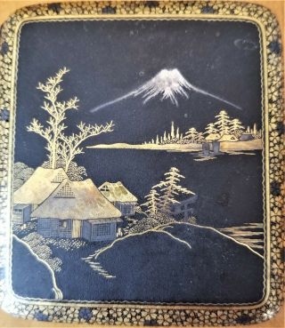 Antique Japanese Damascene Cigarette Case Mt.  Fuji,  Village,  Birds 2