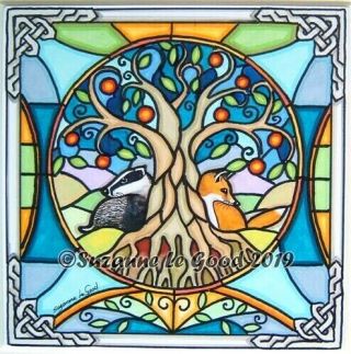 Fox Badger Tree Of Life Art Painting Stained Glass By Suzanne Le Good