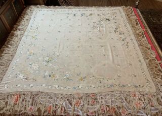 Antique Chinese Hand Embroidered Silk Piano Shawl 60 " X 61 " Fringe 9 "