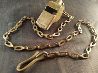 Vintage 2 1/4 " Thunderer Brass Whistle And Chain