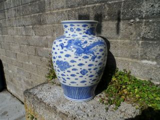 Large Chinese Porcelain Vase With Blue And White Dragon And Clouds