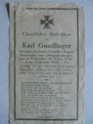 Very Scarce Wwii German Death Card,  Grededier Soldier Kia In Stalingrad Fighting