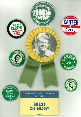 9 Vintage 1976 President Jimmy Carter Campaign Pinback Buttons W/ Ribbon & Teeth