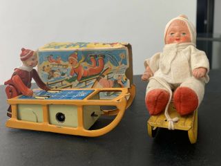 Tin Toys Germany,  1.  Gescha Bob - Boy,  1950s,  2.  Bing? Boy On Sled 50s,  See Video
