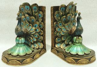 Vintage Pair Figural Peacock Bird Blue Green Gold Jewel Tone Book Ends