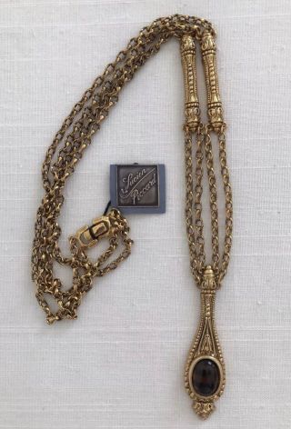 Vintage Lucien Piccard Necklace Pendant Gold Tone Amber Glass Art Noveau Signed