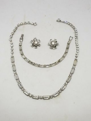Vintage Weiss Parure Clear Baguette Rhinestone Necklace Earrings Bracelet