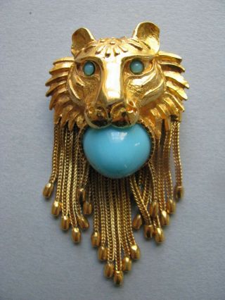Pauline Rader Lion Head Pendant Brooch Vintage Gold Tone Faux Turquoise Signed
