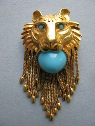 PAULINE RADER LION HEAD PENDANT BROOCH VINTAGE GOLD TONE FAUX TURQUOISE SIGNED 3