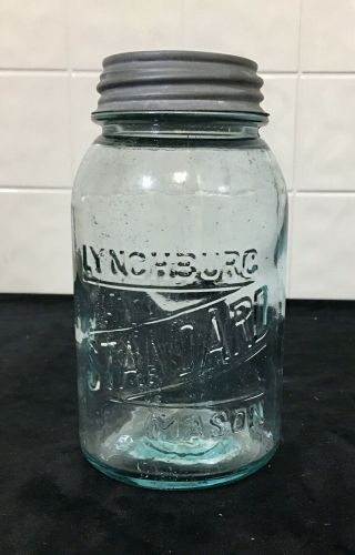 Lynchburg Standard Mason Aqua Quart Fruit Jar Ball Zinc Lid
