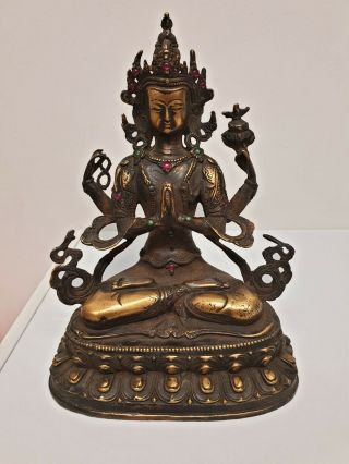 Antique Chinese/ Sino Tibetan Bronze Buddha Tara With Insets