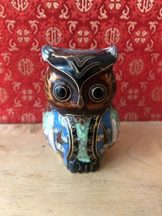 Vintage Chinese Decorative Cloisonne Brass Enamel Owl Figurine -