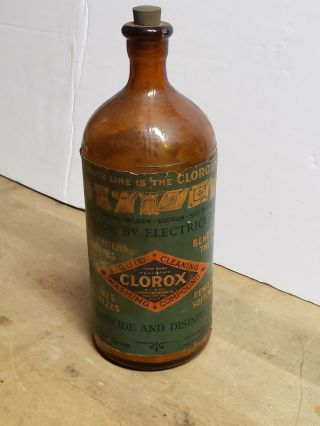 Vintage 16oz / 1 Pint Brown Glass Cork Style Clorox Bottle With Label 1928 - 1929