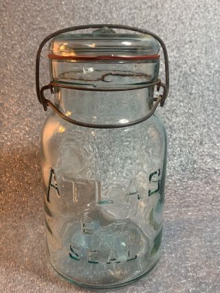 Vintage Atlas E - Z Seal Blue Wire Bale Glass Lid Mason Jar Quart Sized