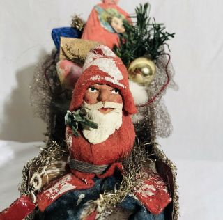 Antique German Santa Seated in Tin Sleigh of Toys Pulled by Composition Reindeer 2