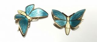Pair Vtg Signed Einar Modahl Enamel 925s Butterfly Pins Norway Sterling Brooch