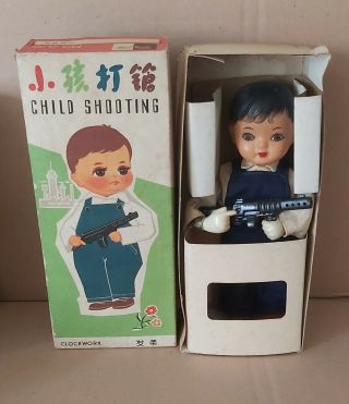 Rare Vintage Child Shooting Wind Up Tin Toy China Red China Toy Ms 876