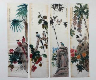Jiang Handing Signed Four Of Old Chinese Hand Painted Scroll Bird And Flower