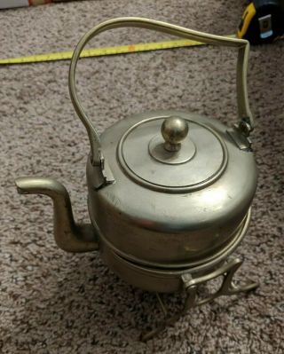 Antique Chinese Brass Teapot Tea Kettle W Stand & Warmer White Copper