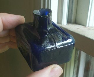 Deep Midnight Cobalt Blue 3 Pc Mold Blown Double Penrest Groove Ink Bottle 1890s