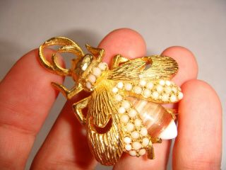 Vintage Signed Denicola Figural Flying Beetle Pin Brooch Milk Glass Beads Estate