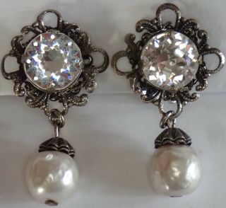 Vintage Miriam Haskell Silver Plate Crystal Rhinestone Pearl Dangle Earrings