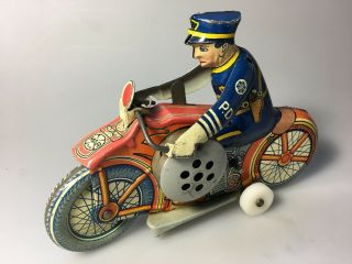 1938 Marx Tin Toy Wind - Up Police Motorcycle Siren,  Great