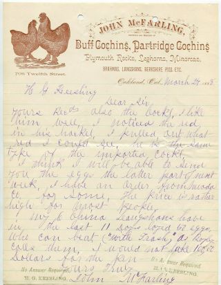 1888 Oakland California John Mcfarling Chicken Breeder Letter On Letterhead