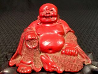 Antique 19th C.  Chinese Carved Cinnabar Lacquer Buddha Statue W/wooden stand 2