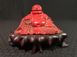 Antique 19th C.  Chinese Carved Cinnabar Lacquer Buddha Statue W/wooden stand 3