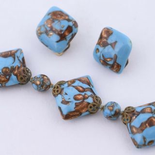 Vtg Venetian Murano Glass Copper Fluss Turquoise Bead Necklace Earrings Set
