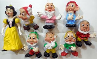 Vintage Large Rubber Toy Squeak Snow White Seven Dwarfs Disney Ledra Italy 1960s