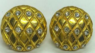 Designer Signed Chanel Gold Plate Crystal Clip - On Earrings Made In France 1”