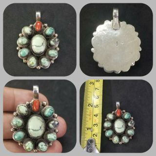 Vintage Solid Silver With Coral And Tibetan Turquoise Pendant