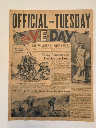 Wwii Ve Day Newspaper Milwaukee Sentinel German Surrender May 8,  1945