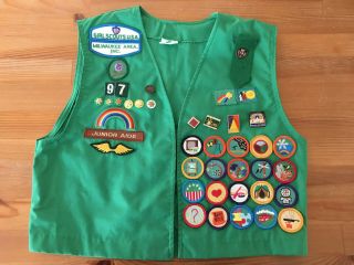 Vintage Girl Scout Vest Green Size Xl 90s Junior Uniform 30 Patches 10,  Pins