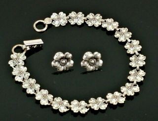 Vintage Sterling Silver Signed Beau Dogwood Flower Bracelet W Earrings 7 "