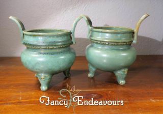 Pair Antique Chinese Celadon Porcelain Footed Censors Yixing Zisha Clay?