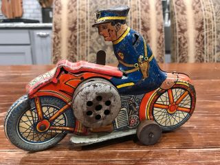 1938 Marx Tin Toy Wind - Up Police Motorcycle Siren