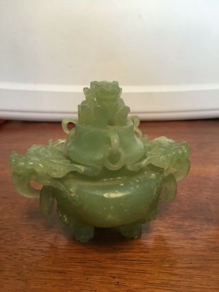 Antique Chinese Foo Dragon Hand Carved Green Jade Stone Incense Burner Jar