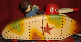 Old Vintage Wooden Pull Along Colorful Tank Toy From Japan 1950