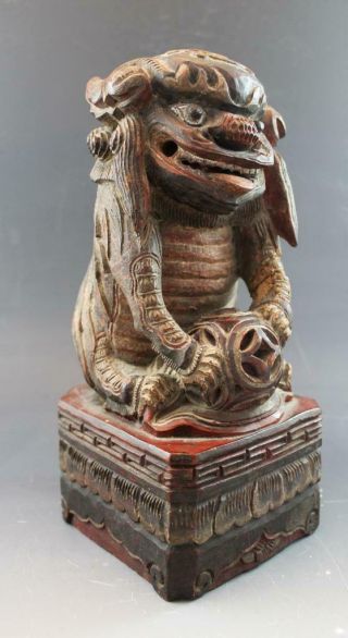 Antique 19C Chinese Carved Teak Wood Foo Dog Lion Sculpture Statue Garniture 2