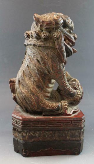 Antique 19C Chinese Carved Teak Wood Foo Dog Lion Sculpture Statue Garniture 3