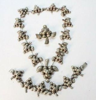 Vtg Mexico Alpaca " Silver " Puffy Grape Cluster Necklace,  Bracelet & Brooch