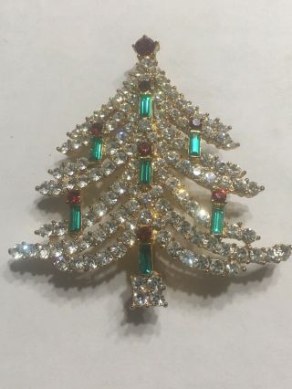 Vintage Eisenberg Ice Red,  Green & Clear Rhinestones Christmas Tree Pin / Brooch