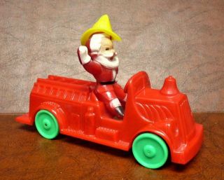 Rosbro Rosen Hard Plastic Christmas Santa Firetruck On Wheels Candy Container