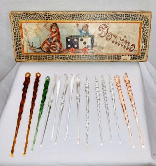 14 Antique German Crystal Icicle Christmas Tree Ornaments In Litho 
