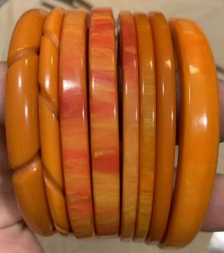 (8) Art Deco Orange Amber Color Marble & Plain Bakelite Bangle Bracelets